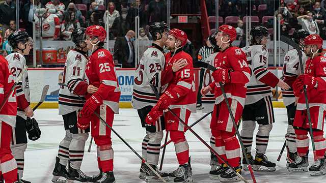 Soo Greyhounds and Guelph Storm shake hands after finishing their series.