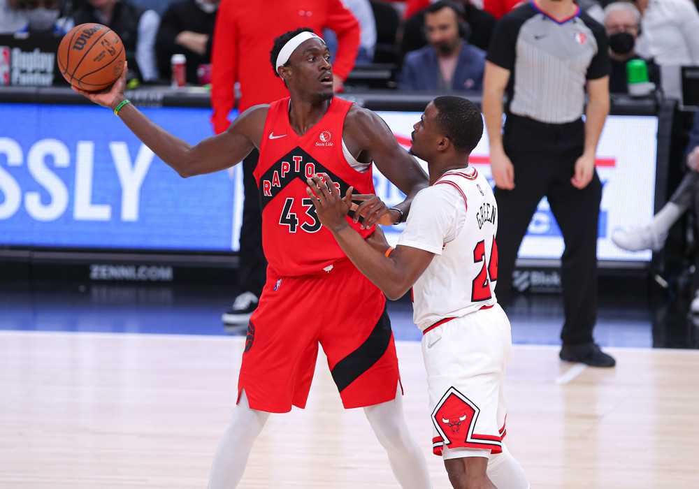 Chicago Bulls forward Javonte Green 24 posts up against Toronto Raptors forward Pascal Siakam 43 during a NBA game between the Toronto Raptors and the Chicago Bulls