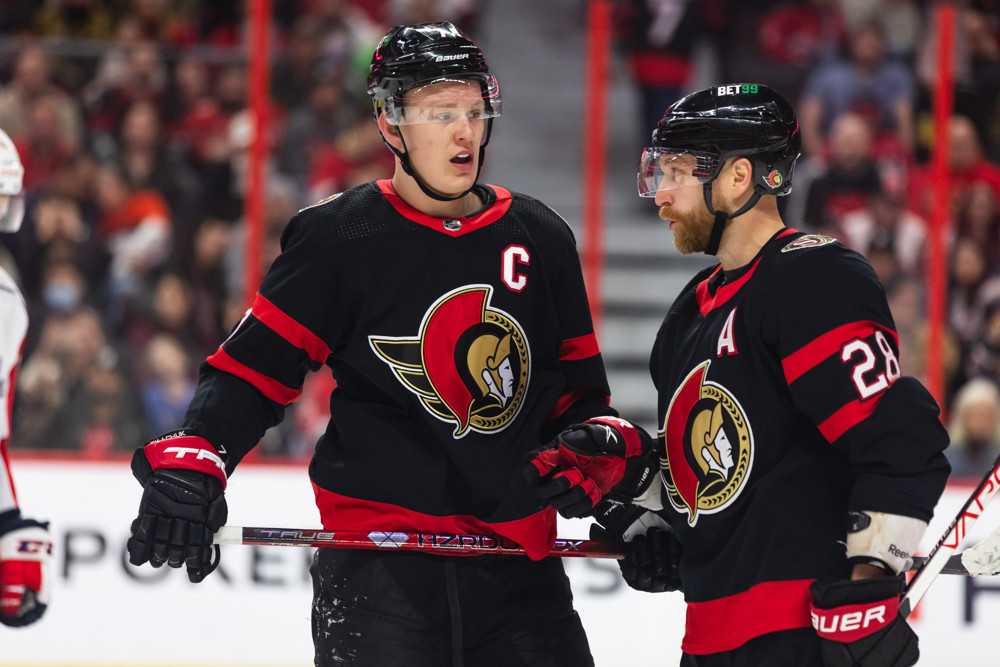 Claude Giroux and Alex Debrincat inspiring Ottawa Senators' core 44 Ottawa Senators Left Wing Brady Tkachuk 7 talks to Right Wing Claude Giroux 28 before a face off