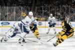 Toronto Maple Leafs winger William Nylander 88 watched by Boston Bruins defenseman Hampus Lindholm 27