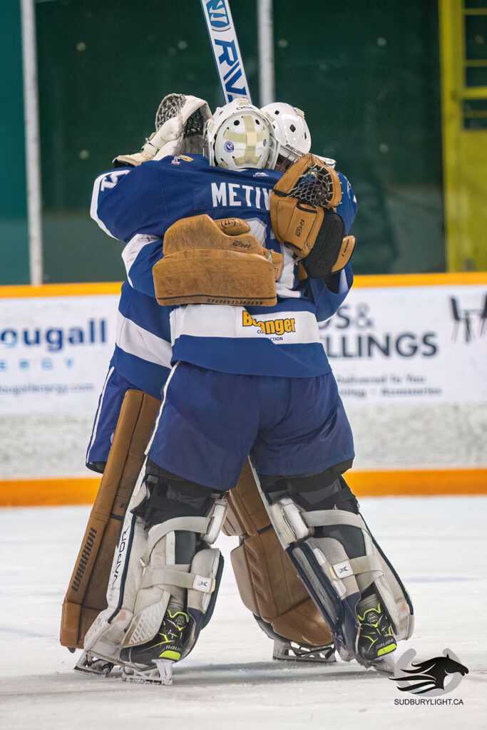 Cubs host Thunderbirds in Game 1 of NOJHL Playoffs 43 Cubs goaltenders Noah Metevier and Noah Beaulne share a hug postgame