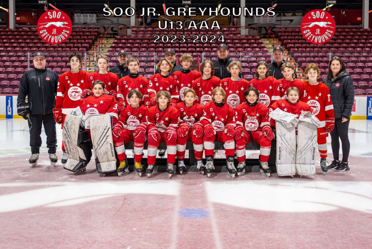 2023/24 team photo of the U13 AA Soo Jr. Greyhounds