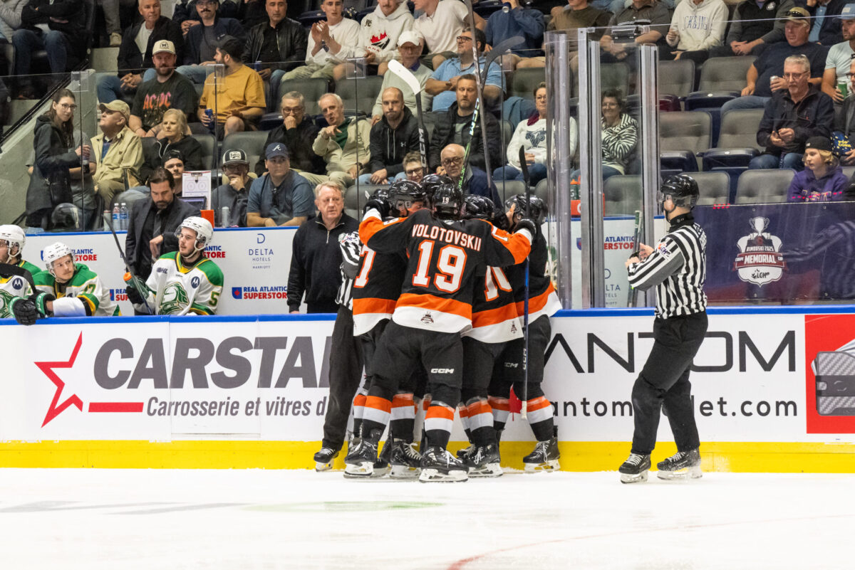 Medicine Hat Tigers celebrate a goal against the London Knights