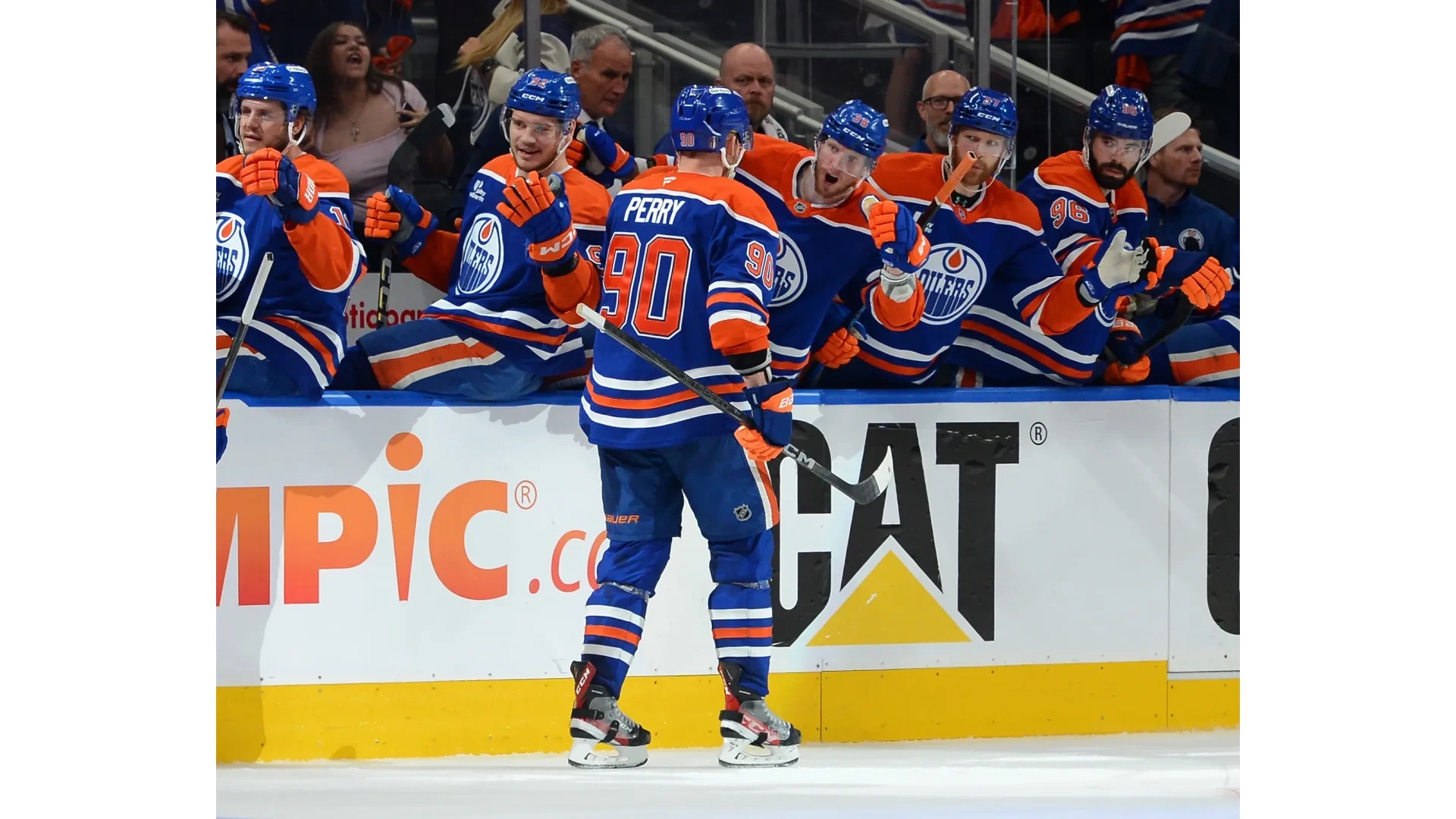 Edmonton Oilers one win away from Stanley Cup final, lose Hyman to injury 42 Edmonton Oilers celebrate Corey Perry goal as Perry skates down line