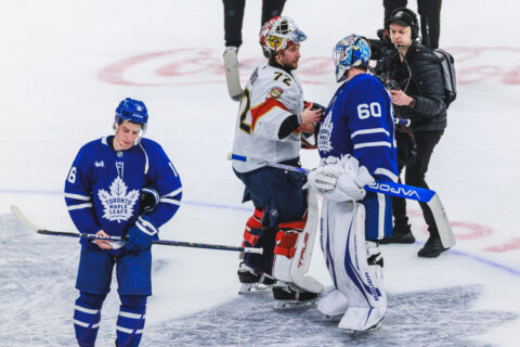 Maple Leafs forward Marner cries while goaltenders shake hands