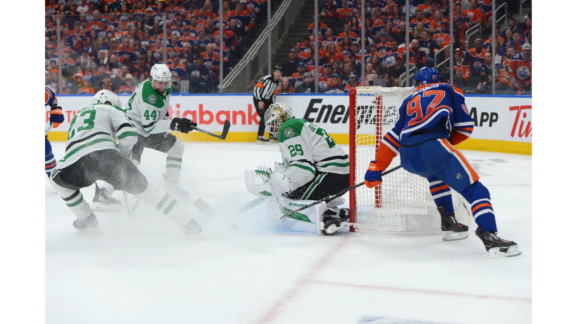 Edmonton Oilers one win away from Stanley Cup final, lose Hyman to injury 44 Dallas Stars' goaltender Jake Oettinger makes a save against Edmonton Oilers' forward Connor McDavid