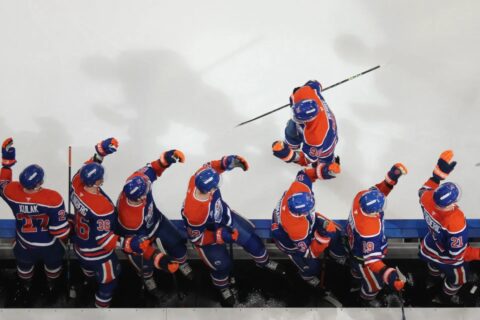 2025 NHL Playoffs: Oilers and Panthers locked in an epic tug-of-war 38 Corey Perry skates by bench, celebrating goal with Edmonton Oilers' players