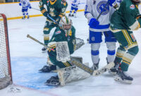 Elliot Lake Vikings goalie saves a shot during NOJHL game