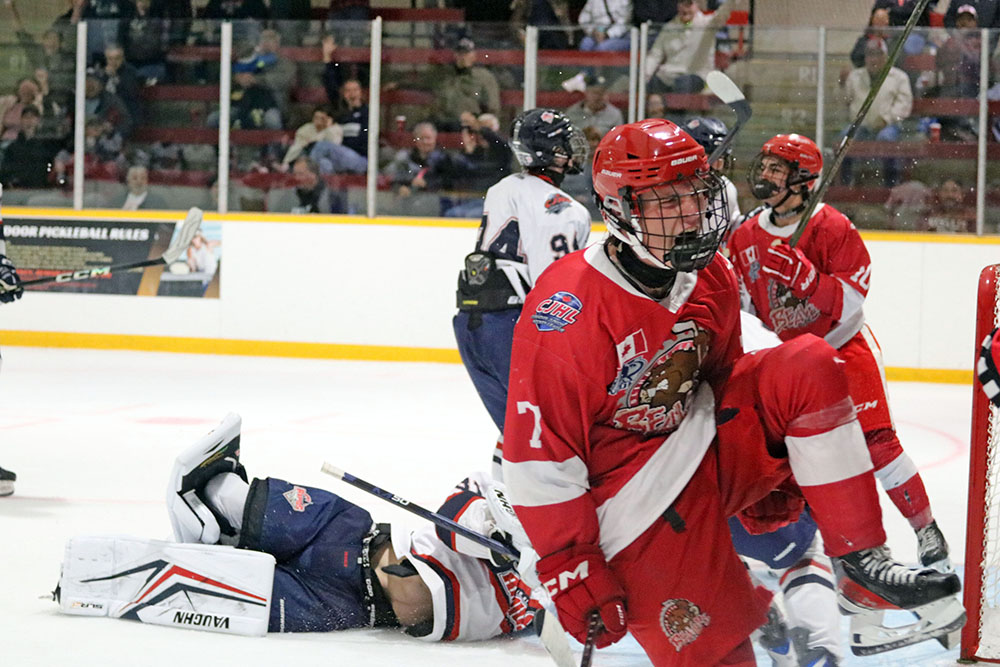 NOJHL Blind River Beavers' forward Jonah McIndoo (#7) celebrates after scoring a goal