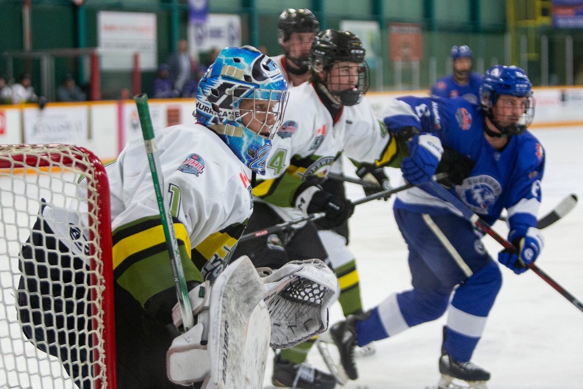 Powassan Voodoos goaltender is locked in during play against the Sudbury Cubs