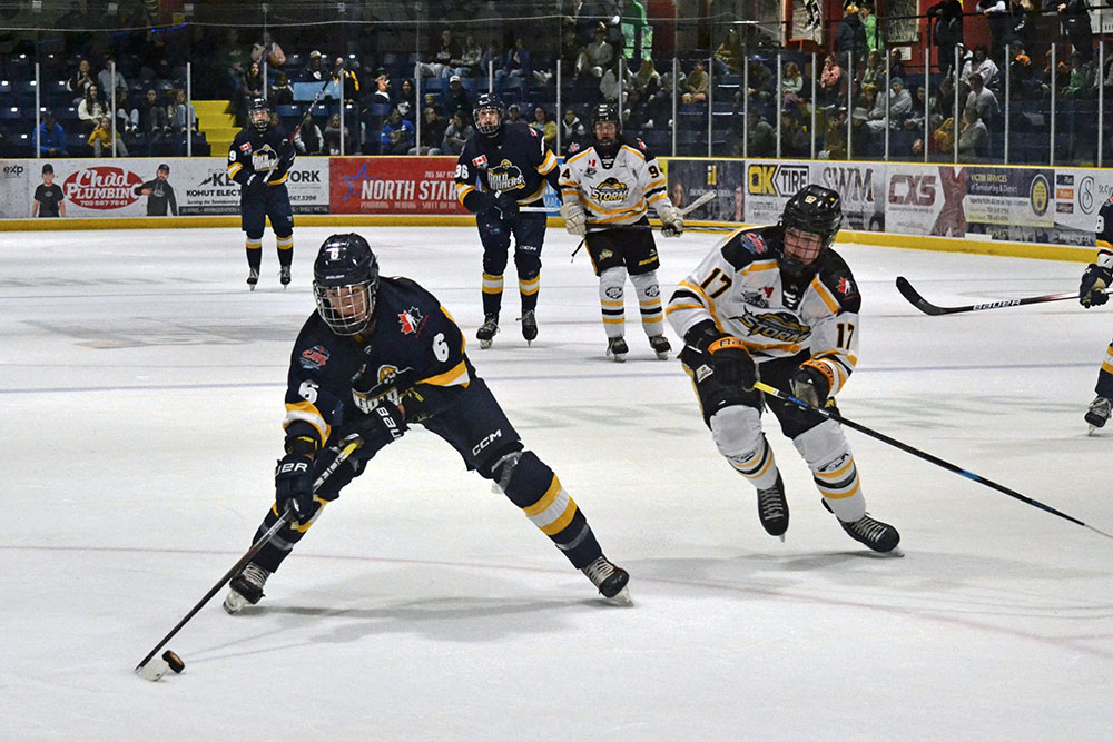 Sunday showdown: Gold Miners and Lumberjacks dominate in NOJHL action 42 NOJHL and Kirkland Lake Gold Miners' forward Aaron Leenaars (#6) skates into the Soo Eagles offensive zone.