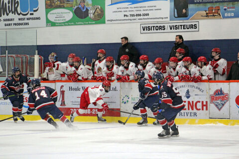 Blind River Beavers bench engaged in the play during a game on Thursday, Oct. 2nd.